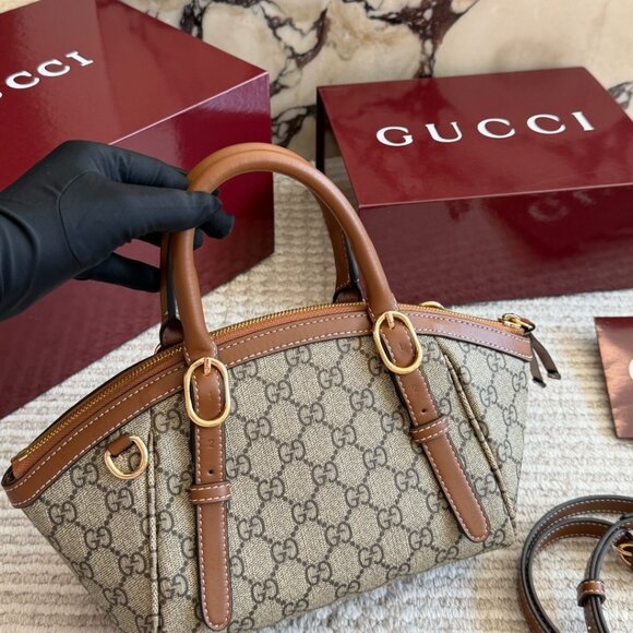 GUCCI. Handbags - 💖 GUCCI 💖 GG Canvas Mini Top Handle Bag Brown Leather Trim Gold Hardware